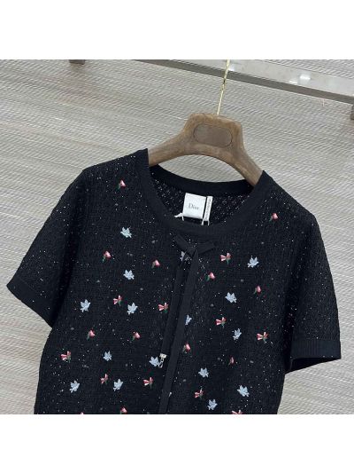 Dior Short Sleeve Embroidered Top in Black