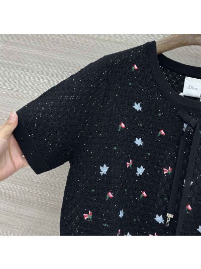 Dior Short Sleeve Embroidered Top in Black