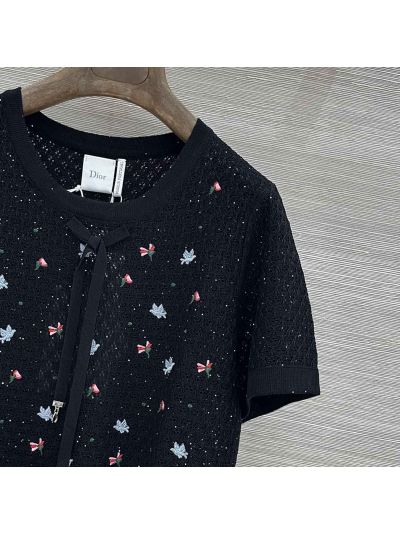 Dior Short Sleeve Embroidered Top in Black