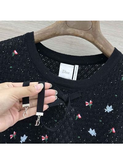 Dior Short Sleeve Embroidered Top in Black