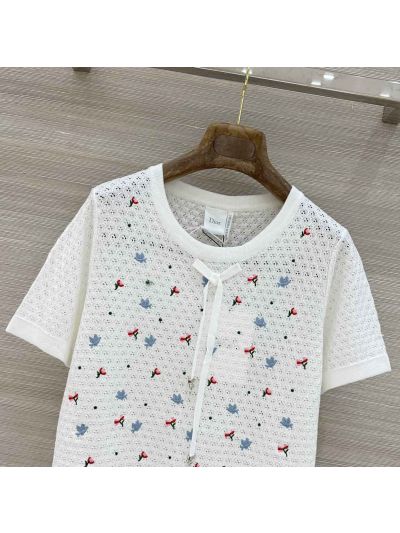 Dior Short Sleeve Embroidered Top in White