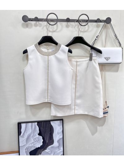 Dior Sleeveless Beaded Set in White and Beige