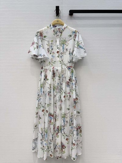 Dior Stand Collar Flutter Sleeve Dress in Multicolor