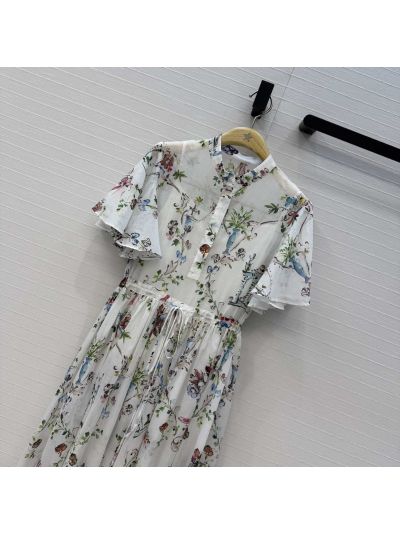 Dior Stand Collar Flutter Sleeve Dress in Multicolor