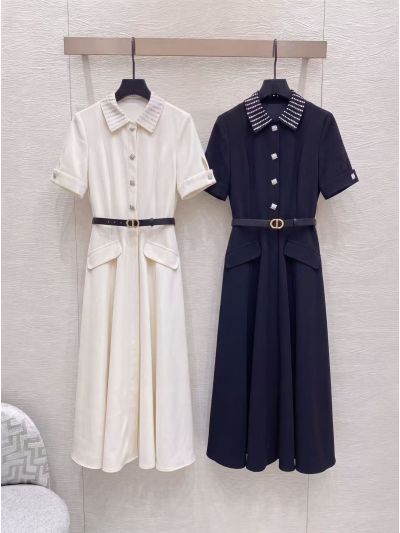 Dior Turn-Down Collar Belted Dress in White and Navy