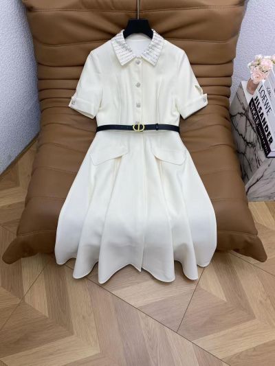 Dior Turn-Down Collar Belted Dress in White and Navy