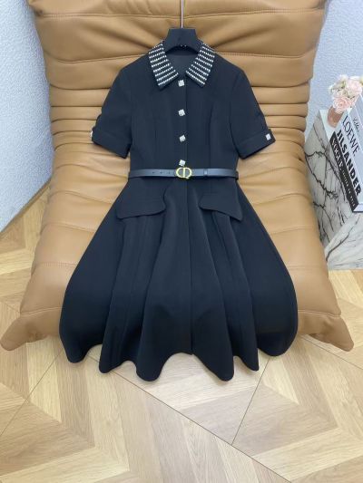Dior Turn-Down Collar Belted Dress in White and Navy