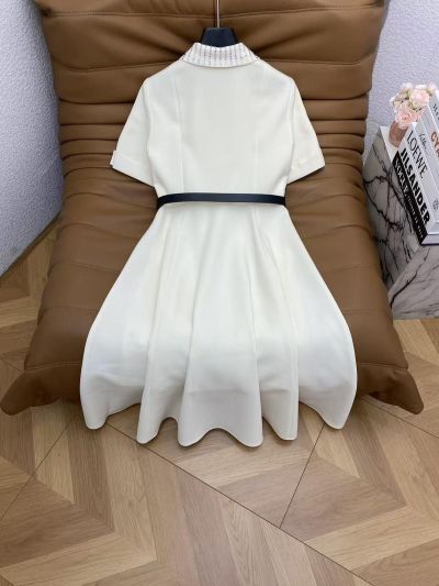 Dior Turn-Down Collar Belted Dress in White and Navy