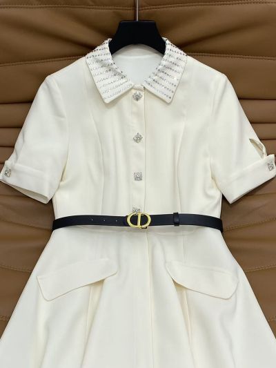 Dior Turn-Down Collar Belted Dress in White and Navy