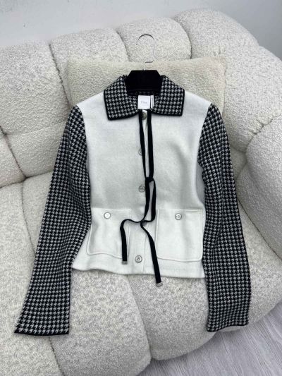 Dior Turn-Down Collar Bow Cardigan in Black and White