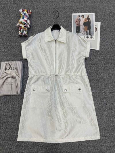 Dior Turn-Down Collar Jacquard Dress in Navy