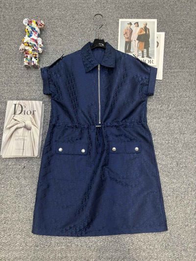 Dior Turn-Down Collar Jacquard Dress in Navy