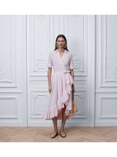 Dior Turn-Down Collar Short Sleeve Dress in Pink