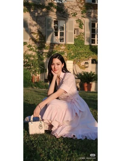 Dior Turn-Down Collar Short Sleeve Dress in Pink