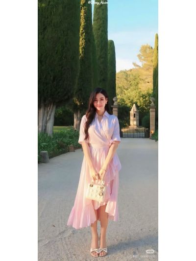 Dior Turn-Down Collar Short Sleeve Dress in Pink