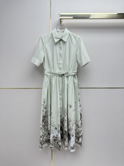 Dior Turn-Down Collar Striped Dress in Light Green and White