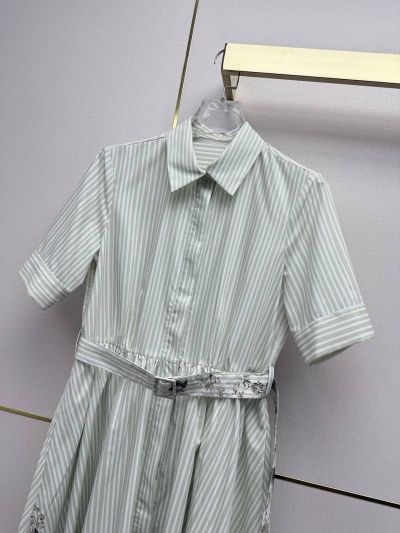 Dior Turn-Down Collar Striped Dress in Light Green and White