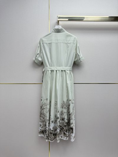 Dior Turn-Down Collar Striped Dress in Light Green and White