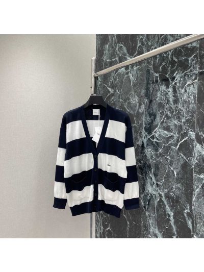 Dior V-Neck Embroidered Cardigan in Navy and White