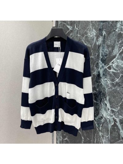 Dior V-Neck Embroidered Cardigan in Navy and White