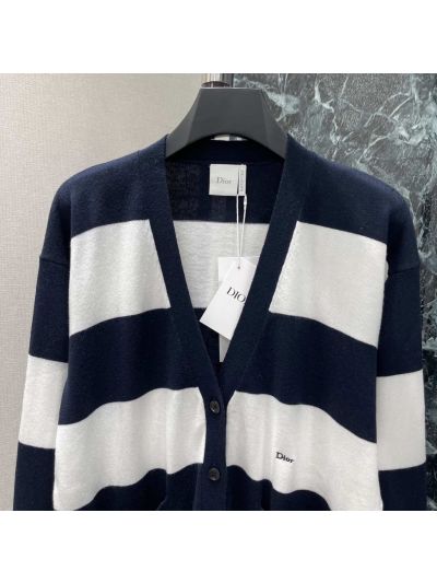 Dior V-Neck Embroidered Cardigan in Navy and White