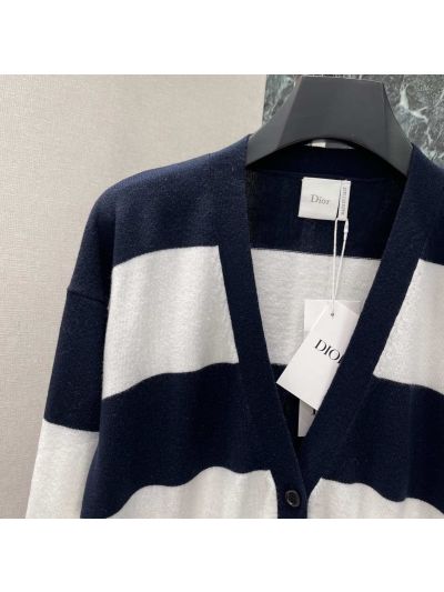 Dior V-Neck Embroidered Cardigan in Navy and White