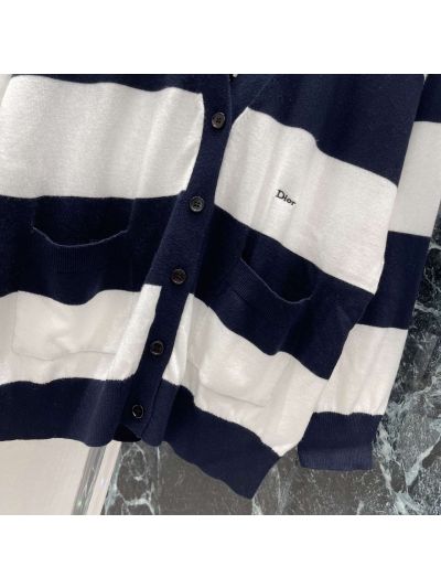 Dior V-Neck Embroidered Cardigan in Navy and White