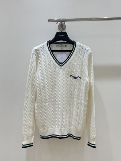 Dior V-Neck Embroidered Sweater in White and Navy