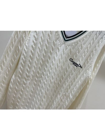Dior V-Neck Embroidered Sweater in White and Navy