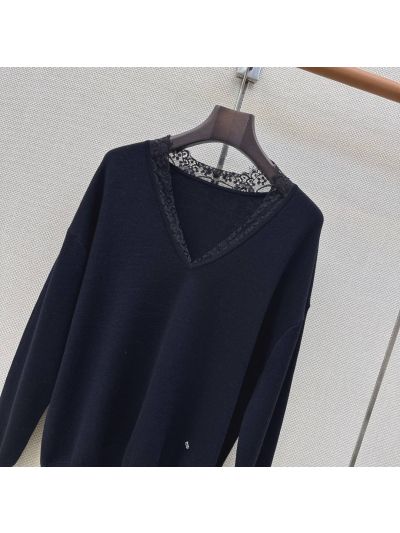 Dior V-Neck Lace Top in Navy