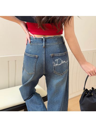 Dior Wide-Leg Button-Front Jeans in Blue