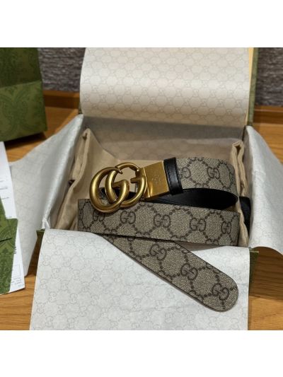 Gucci Double G GG Canvas Belt in Beige/Black