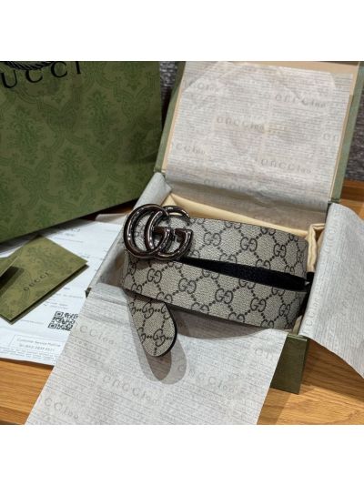 Gucci Double G GG Canvas Belt in Beige/Black