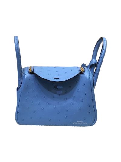ermes Mini Lindy Ostrich Leather Top Handle Shoulder Bag Light Blue 19x12x9CM 523194