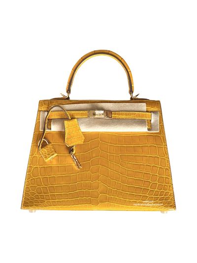 Hermes Top Handle Bag Hermes VIP Kelly 28 Crocodile Leather Bag Yellow 522967
