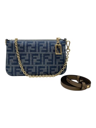 Fendi Baguette Light Blue FF Denim Fabric Chain Pouch Clutch Bag 8BS073