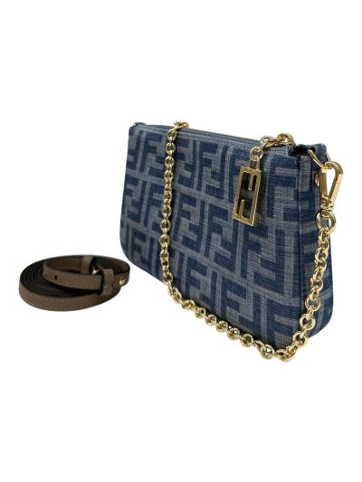 Fendi Baguette Light Blue FF Denim Fabric Chain Pouch Clutch Bag 8BS073 Blue 2523792
