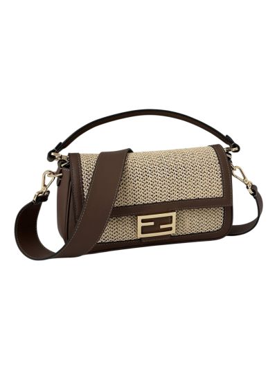 Fendi Baguette Medium Brown Leather and Macrame Shoulder Crossbody Bag 8666L