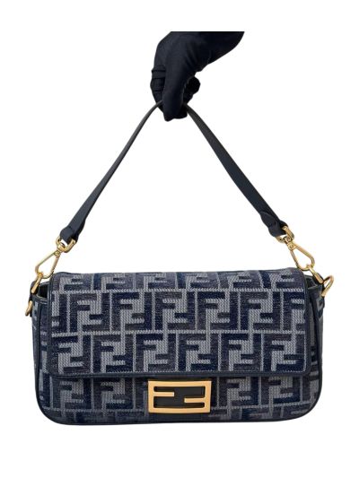 Fendi Baguette Medium Dark Blue FF Chenille Flap Shoulder Crossbody Bag 8579A