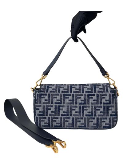 Fendi Baguette Medium Dark Blue FF Chenille Flap Shoulder Crossbody Bag 8579A Blue 2523724