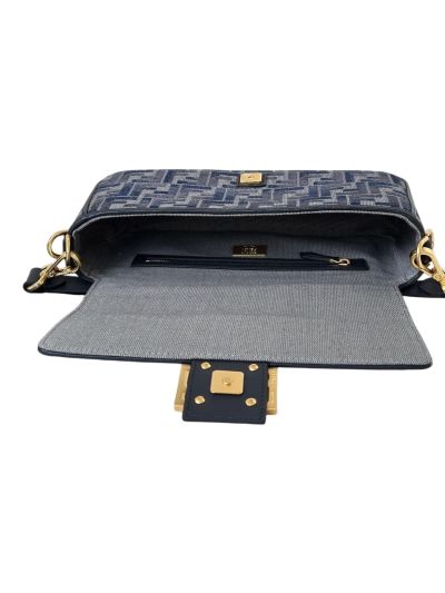 Fendi Baguette Medium Dark Blue FF Chenille Flap Shoulder Crossbody Bag 8579A Blue 2523724