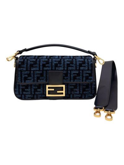 Fendi Baguette Medium Shoulder Crossbody Bag Dark Blue FF Chenille A8579