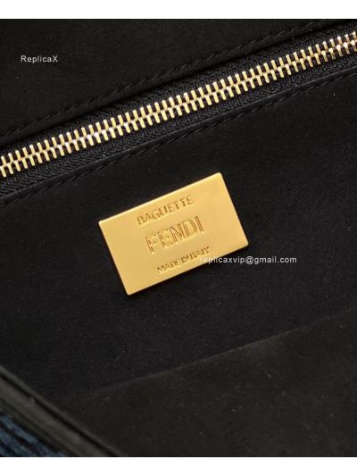 Fendi Baguette Medium Shoulder Crossbody Bag Dark Blue FF Chenille A8579 Blue 2523649