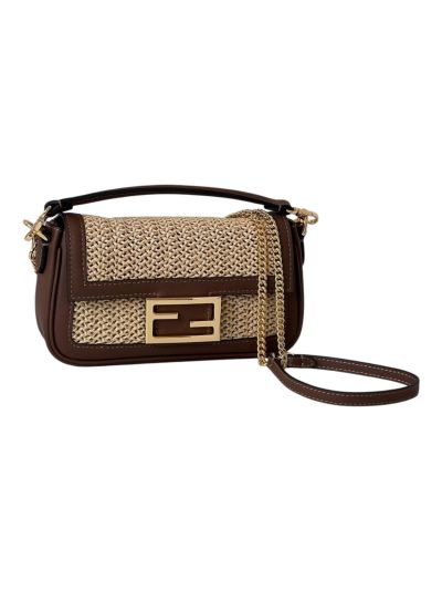 Fendi Baguette Mini Brown Leather and Macrame Shoulder Crossbody Bag 8666S