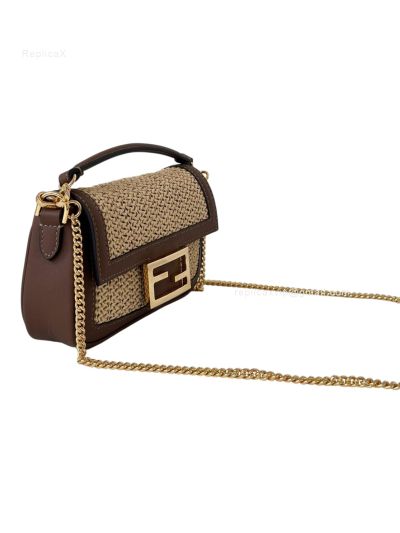 Fendi Baguette Mini Brown Leather and Macrame Shoulder Crossbody Bag 8666S Brown 2523755