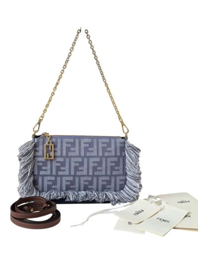 Fendi Baguette Pouch Shoulder Bag Fringed Blue Denim Effect FF Jacquard A073D
