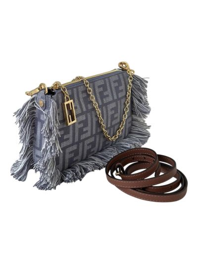 Fendi Baguette Pouch Shoulder Bag Fringed Blue Denim Effect FF Jacquard A073D Blue 2523513