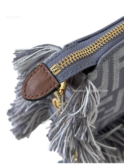 Fendi Baguette Pouch Shoulder Bag Fringed Blue Denim Effect FF Jacquard A073D Blue 2523513