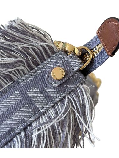 Fendi Baguette Pouch Shoulder Bag Fringed Blue Denim Effect FF Jacquard A073D Blue 2523513