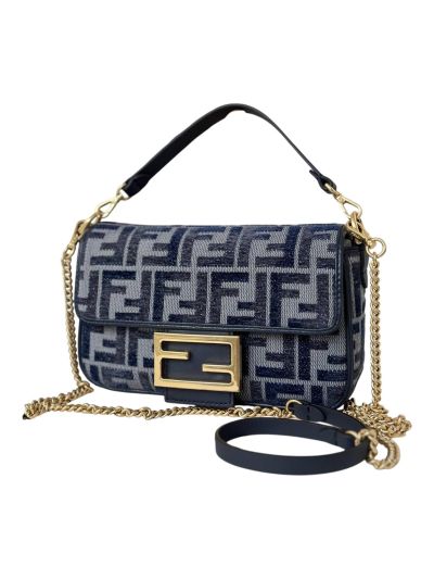 Fendi Baguette Small Dark Blue FF Chenille Flap Shoulder Crossbody Bag 8579As
